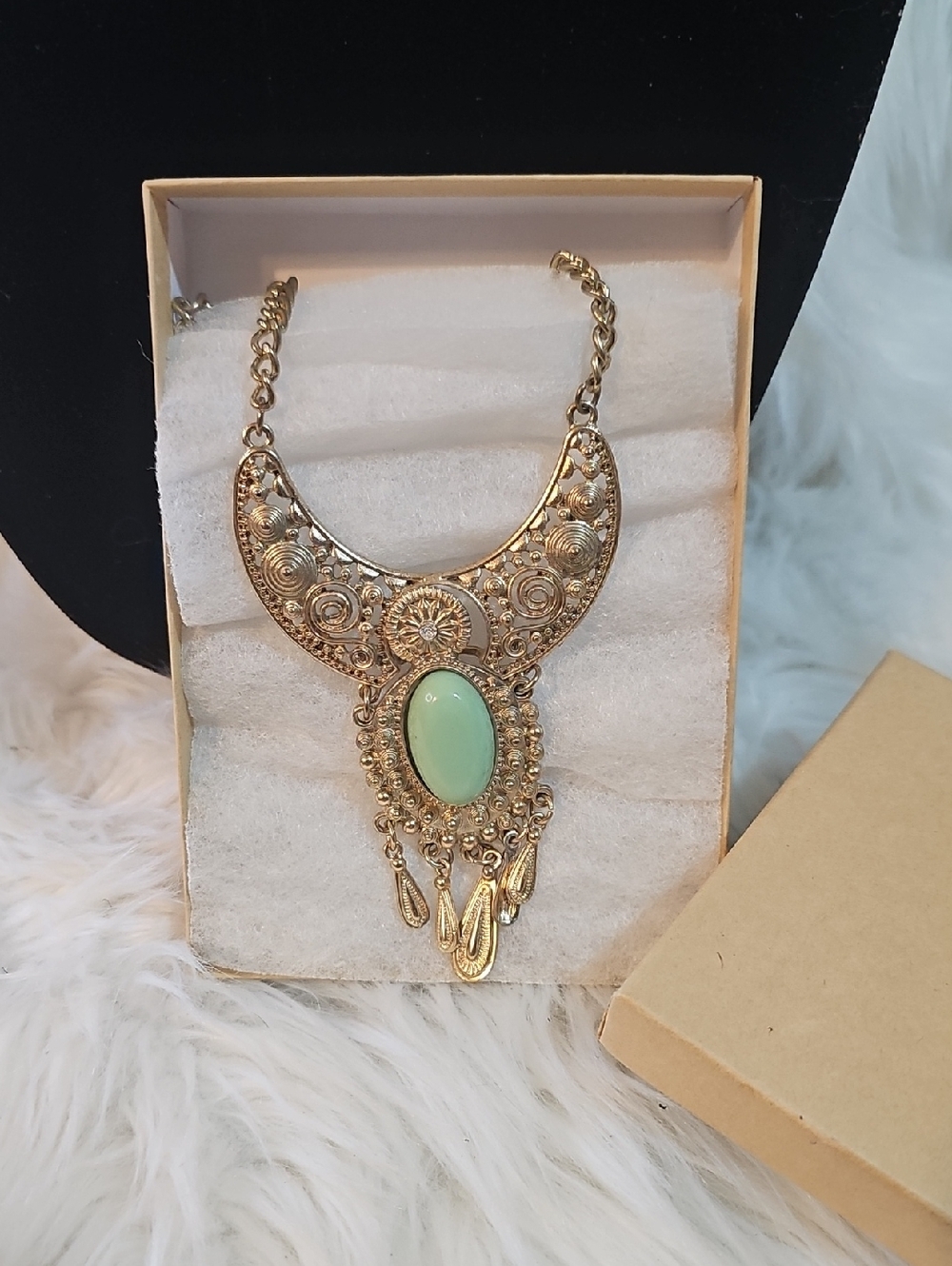 Gold-Tone Statement Necklace with Mint Cabochon #34
